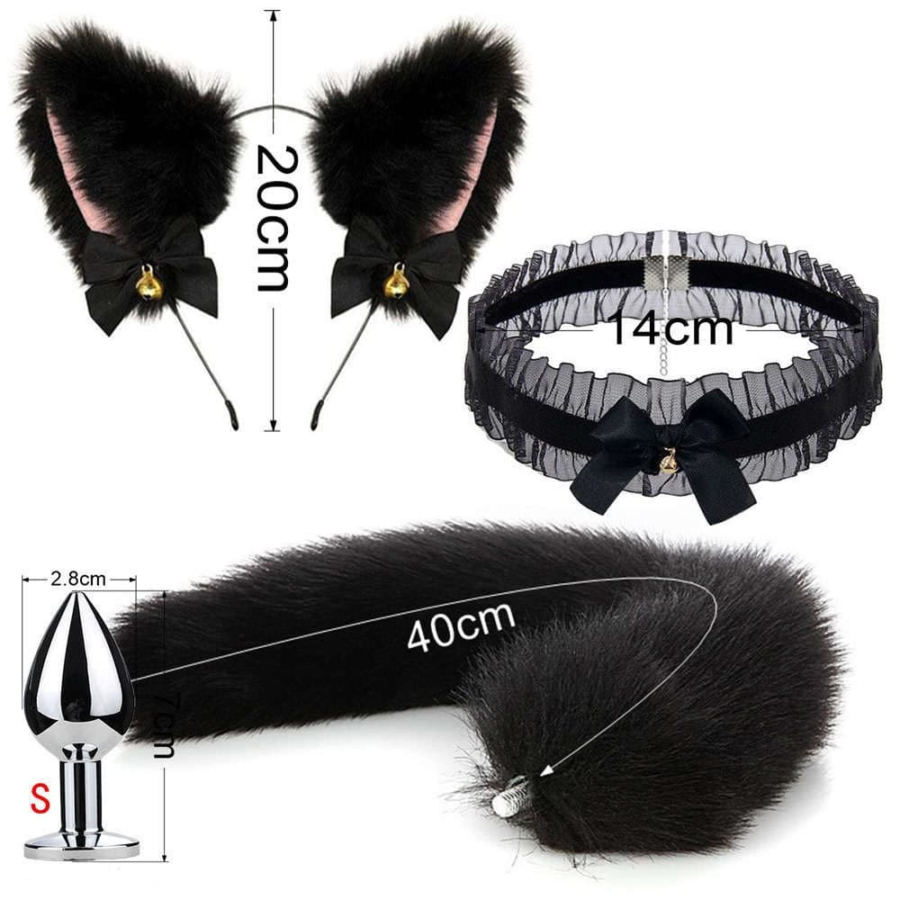 Metal Fox Tail Anal Plug Set With Lace Choker Cat Ears